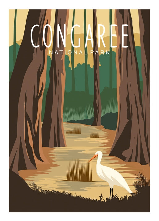Retro poster postcard of Congaree National Park forest with a white egret