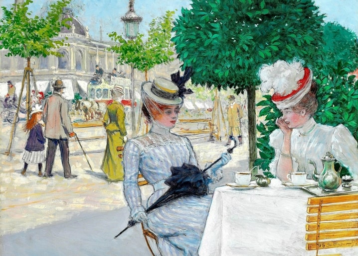Zwei elegante Damen an einem Cafétisch in Kopenhagen mit Kaffee und schwarzem Spitzenschirm