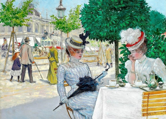 Zwei elegante Damen an einem Cafétisch in Kopenhagen mit Kaffee und schwarzem Spitzenschirm
