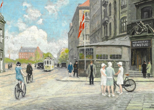 Painting of a Copenhagen street corner with cyclists, a tram, and the Danish flag by Helmbæk's wine bar