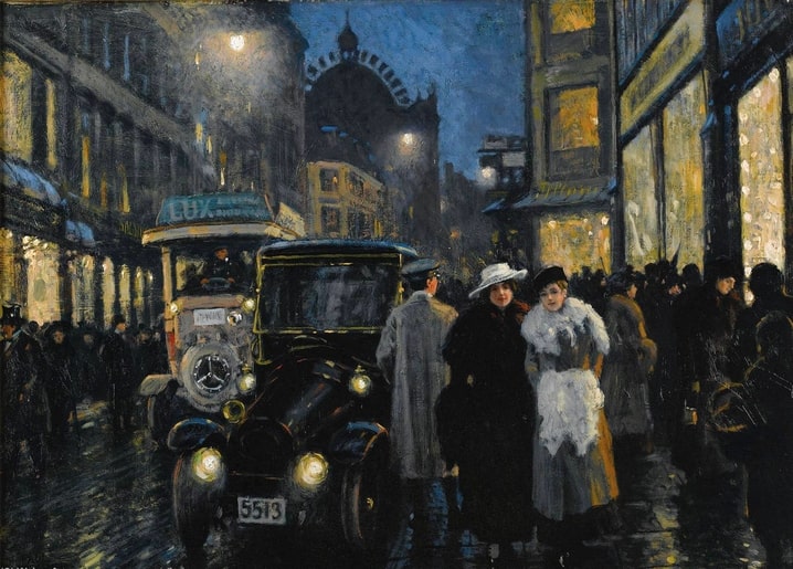 Gemälde von Paul Gustave Fischer: nächtliche Kopenhagener Straße mit Autoscheinwerfern und Schaufenstern