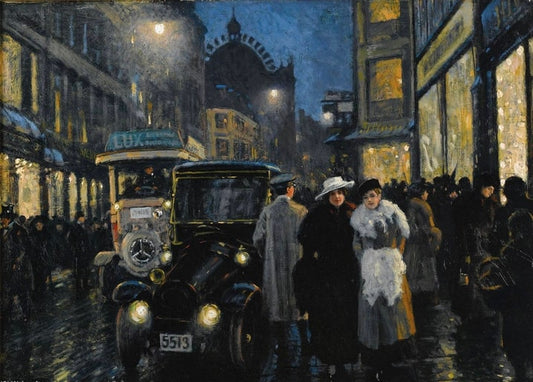 Gemälde von Paul Gustave Fischer: nächtliche Kopenhagener Straße mit Autoscheinwerfern und Schaufenstern