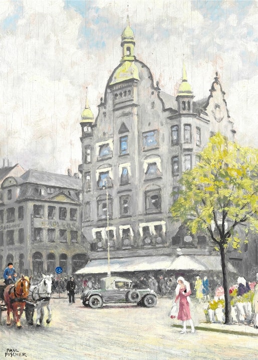 Kopenhagener Platz mit Pferdekutsche, altem Automobil und Blumenstand vor Kuppeldächern