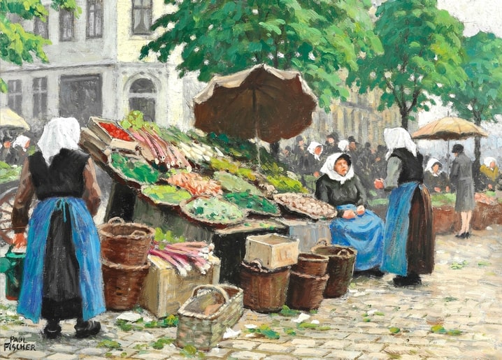 Frauen in traditionellen blauen Schürzen verkaufen Gemüse an einem Marktstand in Kopenhagen