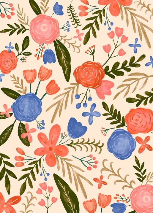 Hand-painted floral pattern with coral roses, blue blossoms, and orange tulips on cream