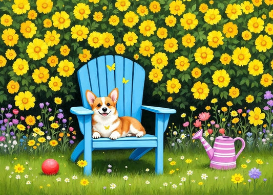 Illustration of a corgi on a blue chair in a garden of yellow flowers with butterflies