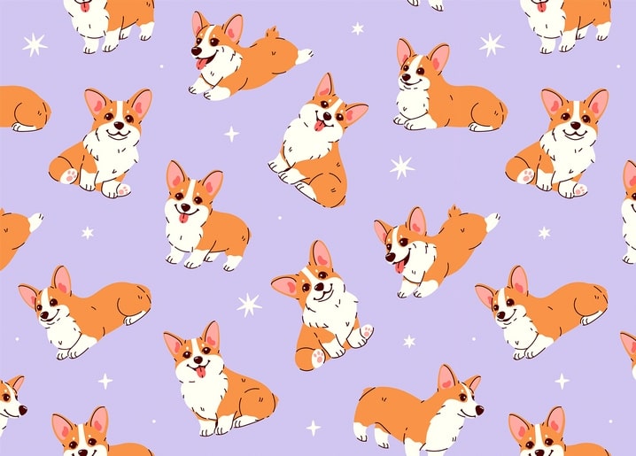 Seamless pattern of orange and white corgis with stars on a lilac background