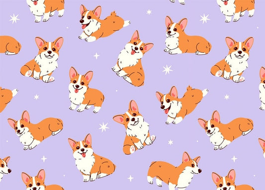 Nahtloses Muster aus orange-weißen Corgis mit Sternen auf fliederfarbenem Hintergrund