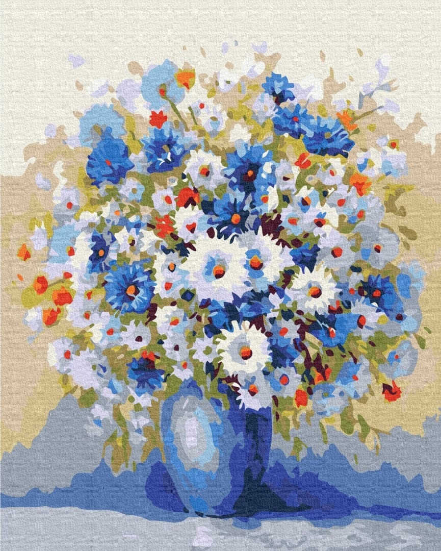 Painting by numbers still life of blue cornflowers and white daisies in a vase