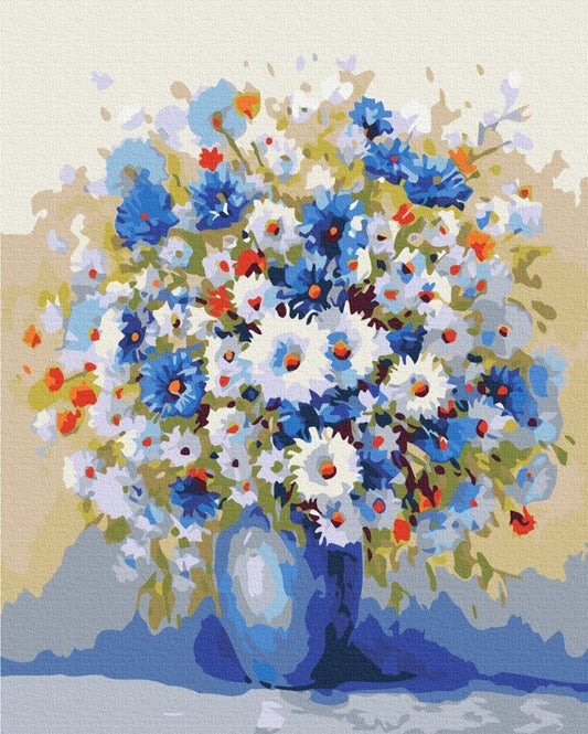 Painting by numbers still life of blue cornflowers and white daisies in a vase
