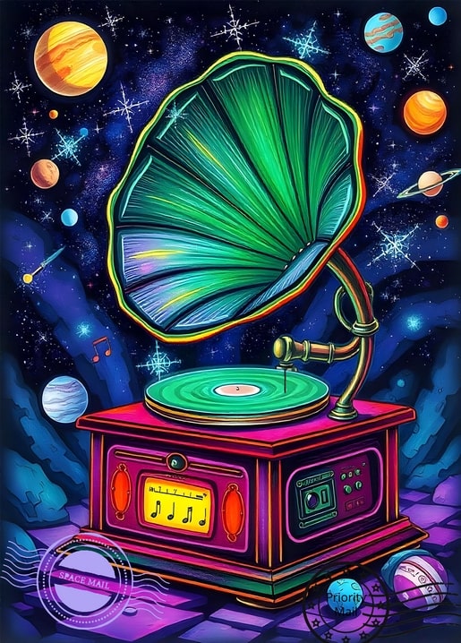 Grünes Grammophon spielt eine Schallplatte zwischen Jupiter, Saturn und Sternen