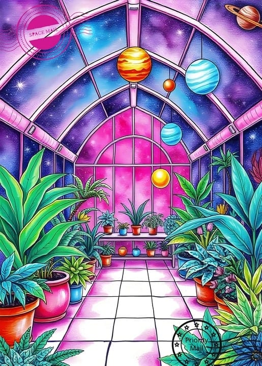 Postkarten-Illustration: Glashaus mit schwebenden Planeten über Topfpflanzen