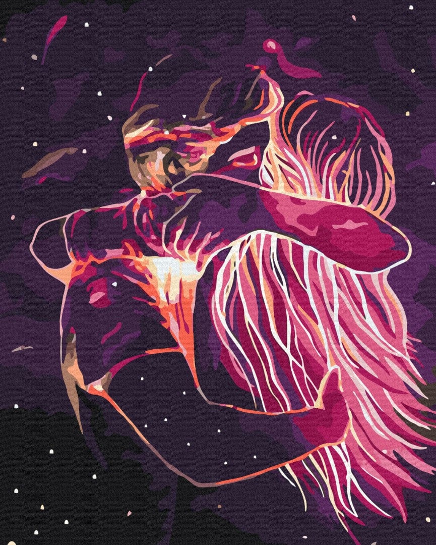 Zwei Gestalten umarmen sich in wirbelnden Magenta- und Violettstrichen unter einem Sternenhimmel