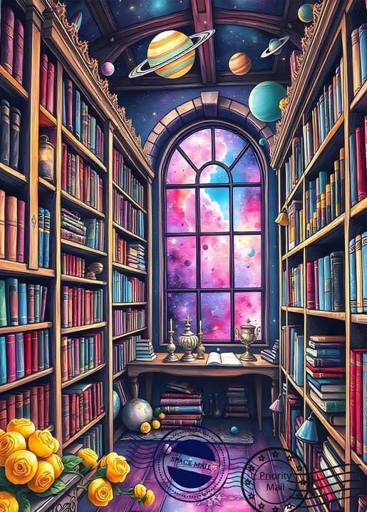 Gemütliche Bibliothek mit hohen Regalen und gewölbtem Fenster zu einem Sternennebel mit Planeten