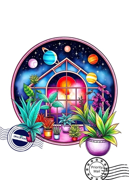 Postkarten-Illustration: rundes Fenster mit kosmischem Sonnenuntergang zwischen Topfpflanzen