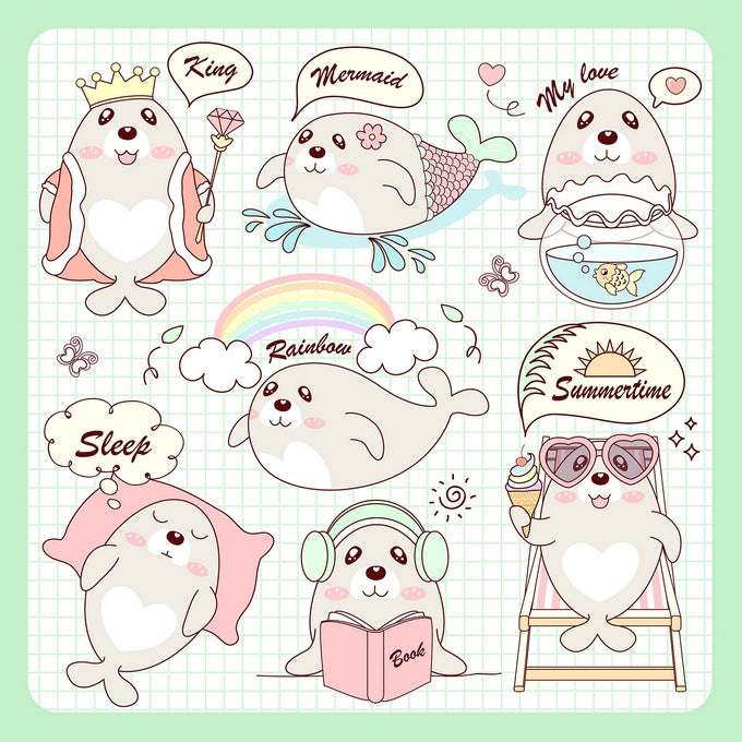 Kawaii baby seals dressed as a king, mermaid, reader and sunbather in mini scenes