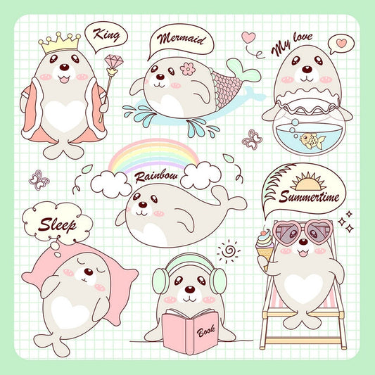 Kawaii baby seals dressed as a king, mermaid, reader and sunbather in mini scenes