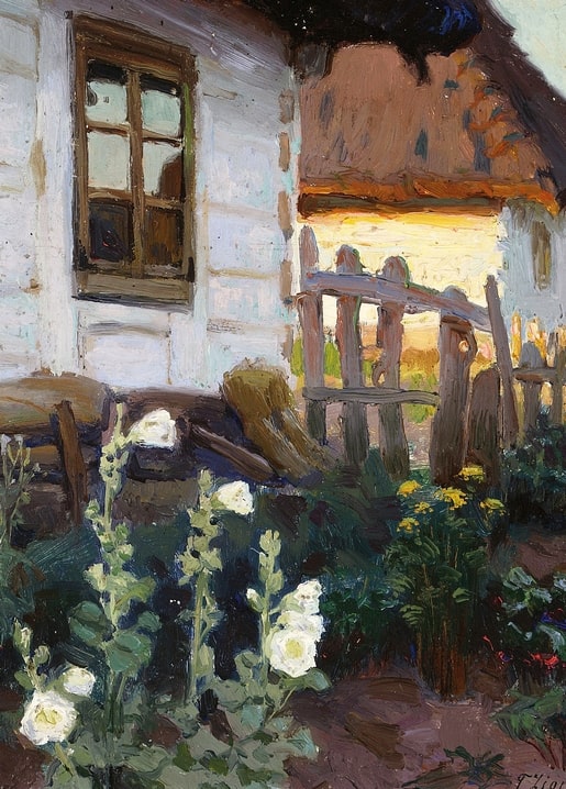 Weißes Häuschen mit Holztor und weißen Stockrosen im Abendlicht, Gemälde von Teodor Ziomek.