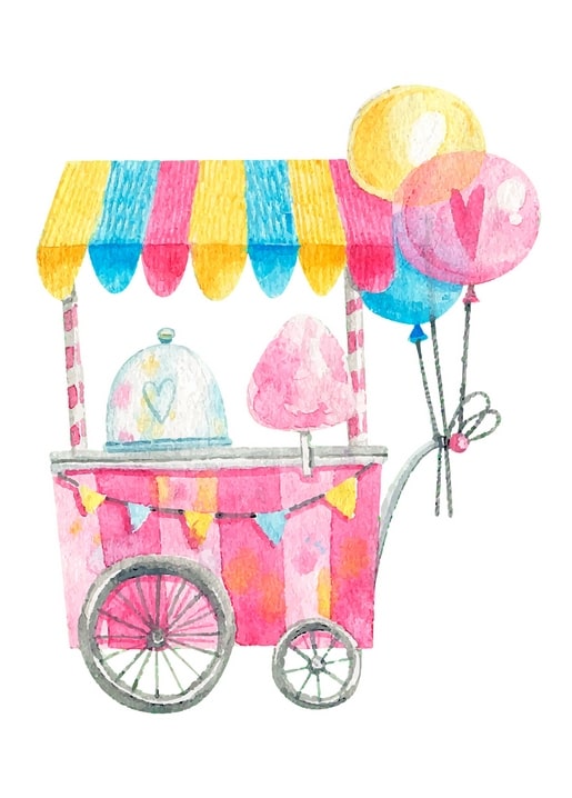 Watercolor cotton candy cart with striped awning and three heart-print balloons