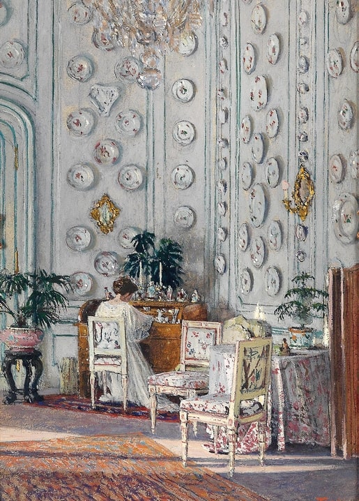 Heinrich Tomec painting of a countess writing in a salon walled with porcelain plates