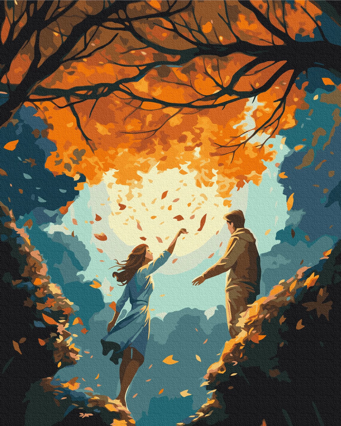 Illustriertes Paar greift nach wirbelndem Herbstlaub unter orangefarbenem Blätterdach