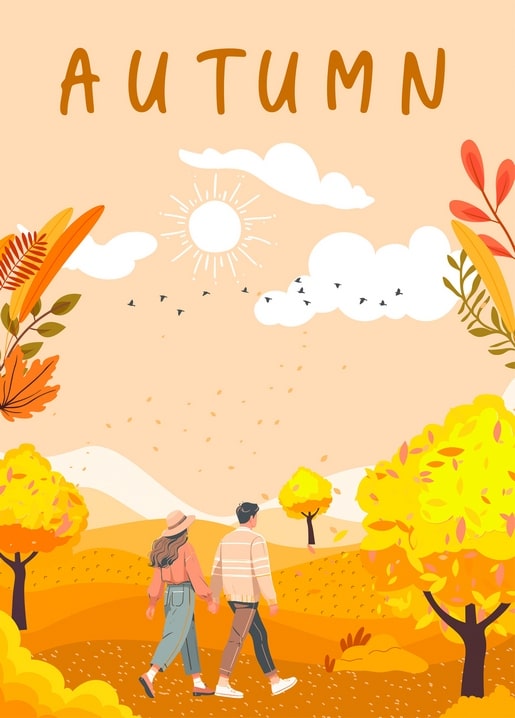 Illustrated couple walking hand in hand through a golden autumn park with flying birds