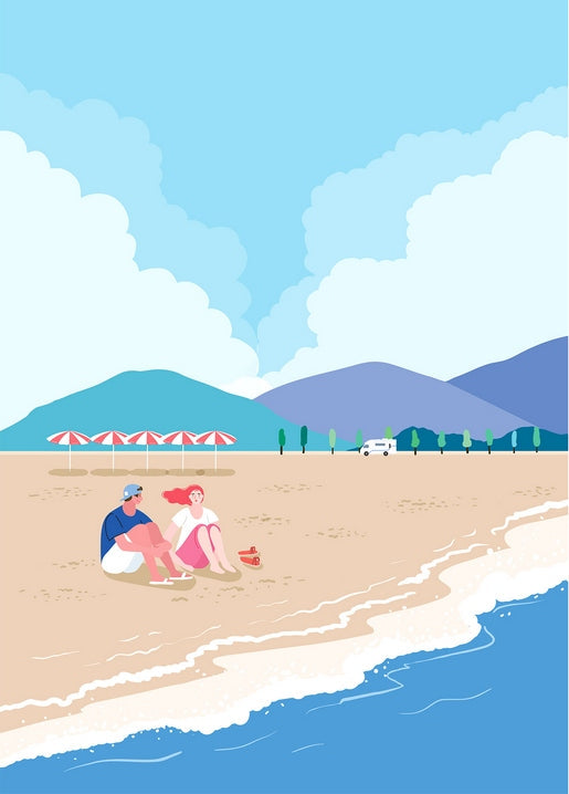 Illustriertes Paar am Strand neben gestreiften Sonnenschirmen und einem Campingbus