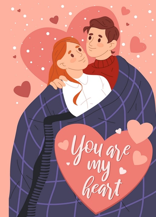 Illustrated couple embracing under a plaid blanket beside a heart reading ‘You Are My Heart’