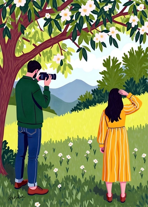 Illustrated postcard of a man photographing a woman under a blossoming tree in a spring meadow