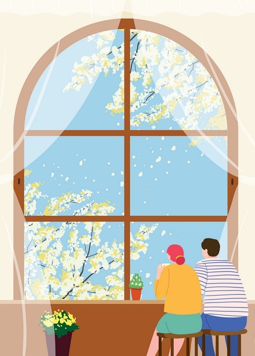 Couple sitting at an arched window watching cherry blossoms drift past outside