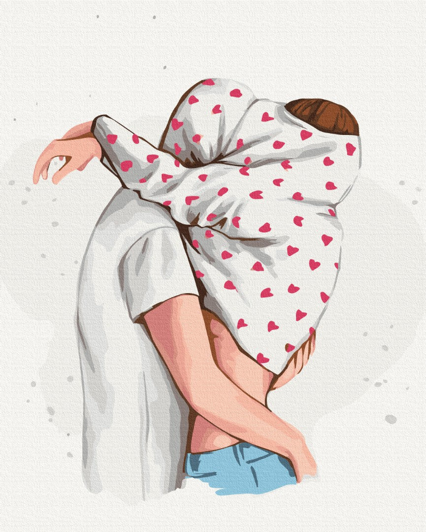 Malen-nach-Zahlen-Motiv „Umarmung“: Paar umarmt sich, Gesichter durch Herz-Shirt verdeckt