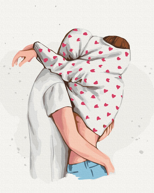 Malen-nach-Zahlen-Motiv „Umarmung“: Paar umarmt sich, Gesichter durch Herz-Shirt verdeckt