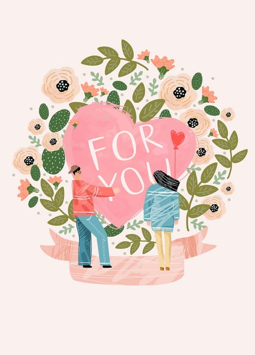 Illustration eines Mannes, der einer Frau mit Luftballon ein Blumenherz mit der Aufschrift „Für Dich“ schenkt