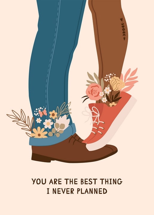 Couple's legs meeting for a kiss, shoes filled with flowers, text about a best thing never planned