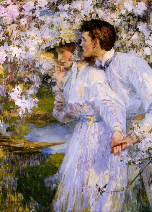 Couple pausing beneath blossoming branches beside a quiet pond, from Shannon's ‘Springtime’.
