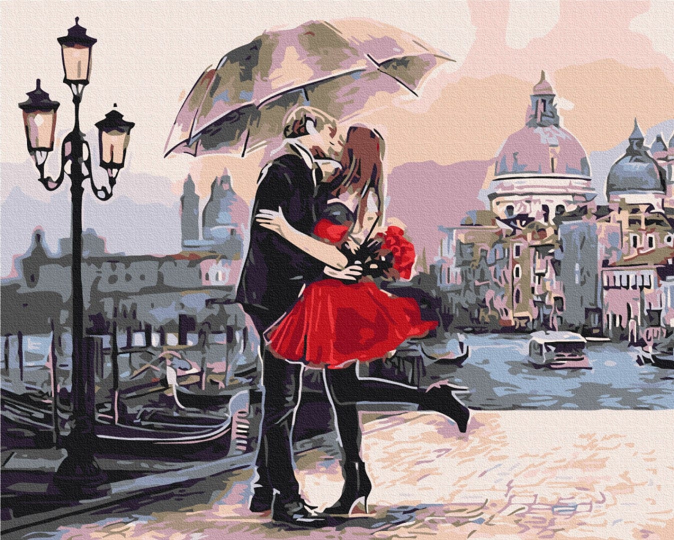 Illustriertes Liebespaar küsst sich unter einem Regenschirm an der Uferpromenade von Venedig mit Gondeln und Kuppeln