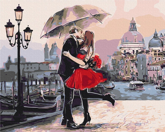 Illustriertes Liebespaar küsst sich unter einem Regenschirm an der Uferpromenade von Venedig mit Gondeln und Kuppeln