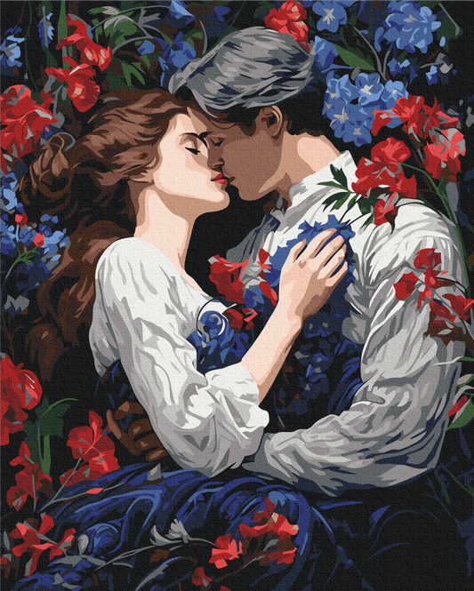 Illustriertes Paar küsst sich zwischen roten und blauen Blüten, Malen-nach-Zahlen-Motiv