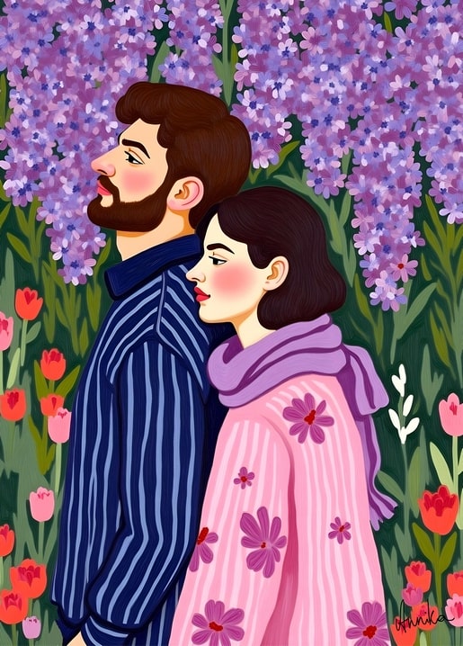 Illustrated postcard of a couple standing back to back among lilac blossoms and red tulips
