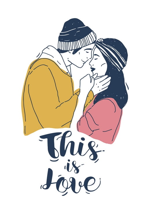 Liniengrafik eines Paares mit sich berührenden Nasen in gelbem und rosa Pullover, darunter „Das ist Liebe“