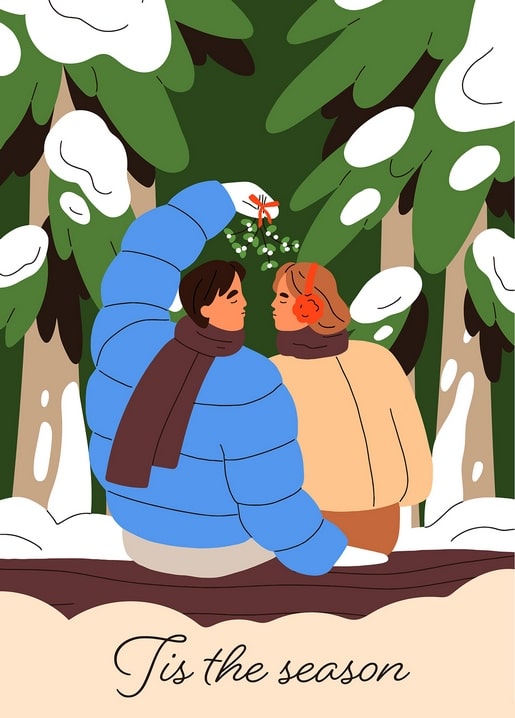 Paar küsst sich unter Mistelzweig im verschneiten Kiefernwald mit Schriftzug 'Tis the Season'