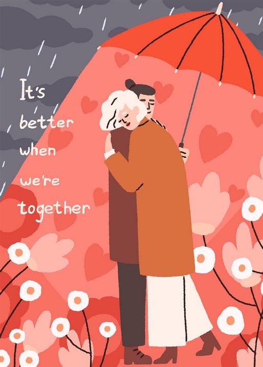 Illustrated couple embracing under a red umbrella in the rain, surrounded by hearts