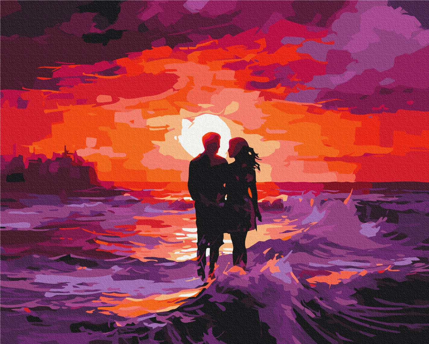 Silhouette eines Paares am Strand bei violett-orangem Sonnenuntergang, Malen-nach-Zahlen-Bild