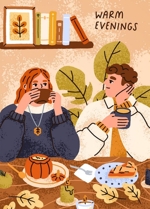 Illustrated couple sharing tea and pumpkin pie by candlelight under a Warm Evenings sign