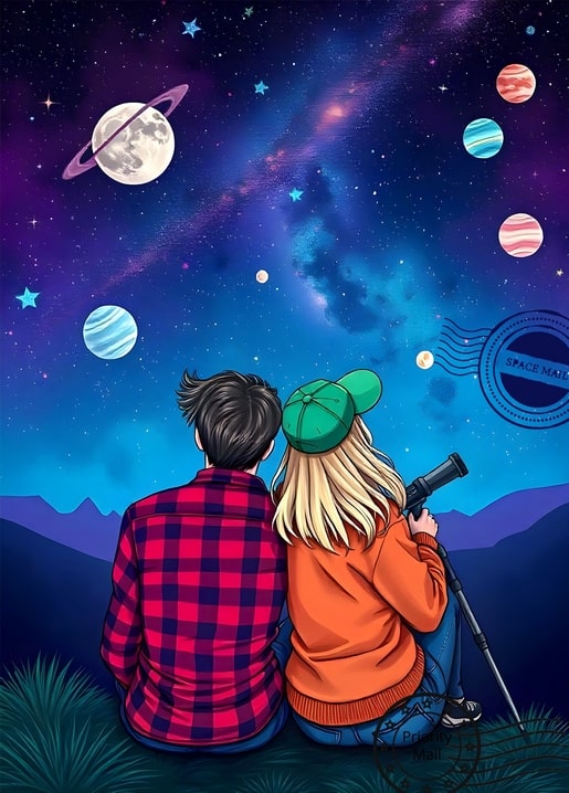 Paar sitzt auf einem Hügel und beobachtet durch ein Teleskop einen Sternenhimmel mit Ringplaneten