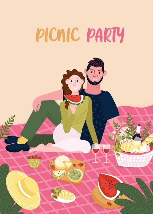 Illustrated couple eating watermelon and cheese on a pink picnic blanket