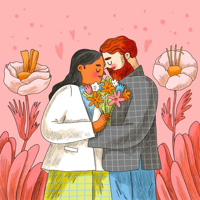 Illustriertes Paar umarmt sich über einem Wildblumenstrauß zwischen großen rosa Blüten