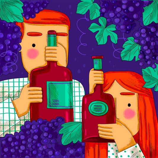 Illustrated couple holding wine bottles among purple grape clusters