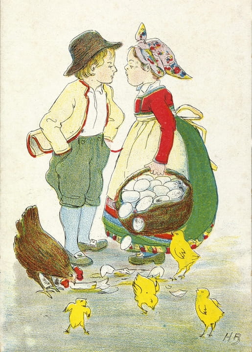 Vintage-Illustration: Verliebtes Paar in Tracht mit Eierkorb und Küken