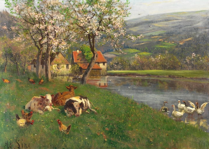Cows resting by a river with geese, chickens, and a blossoming orchard near a red-roofed farmhouse